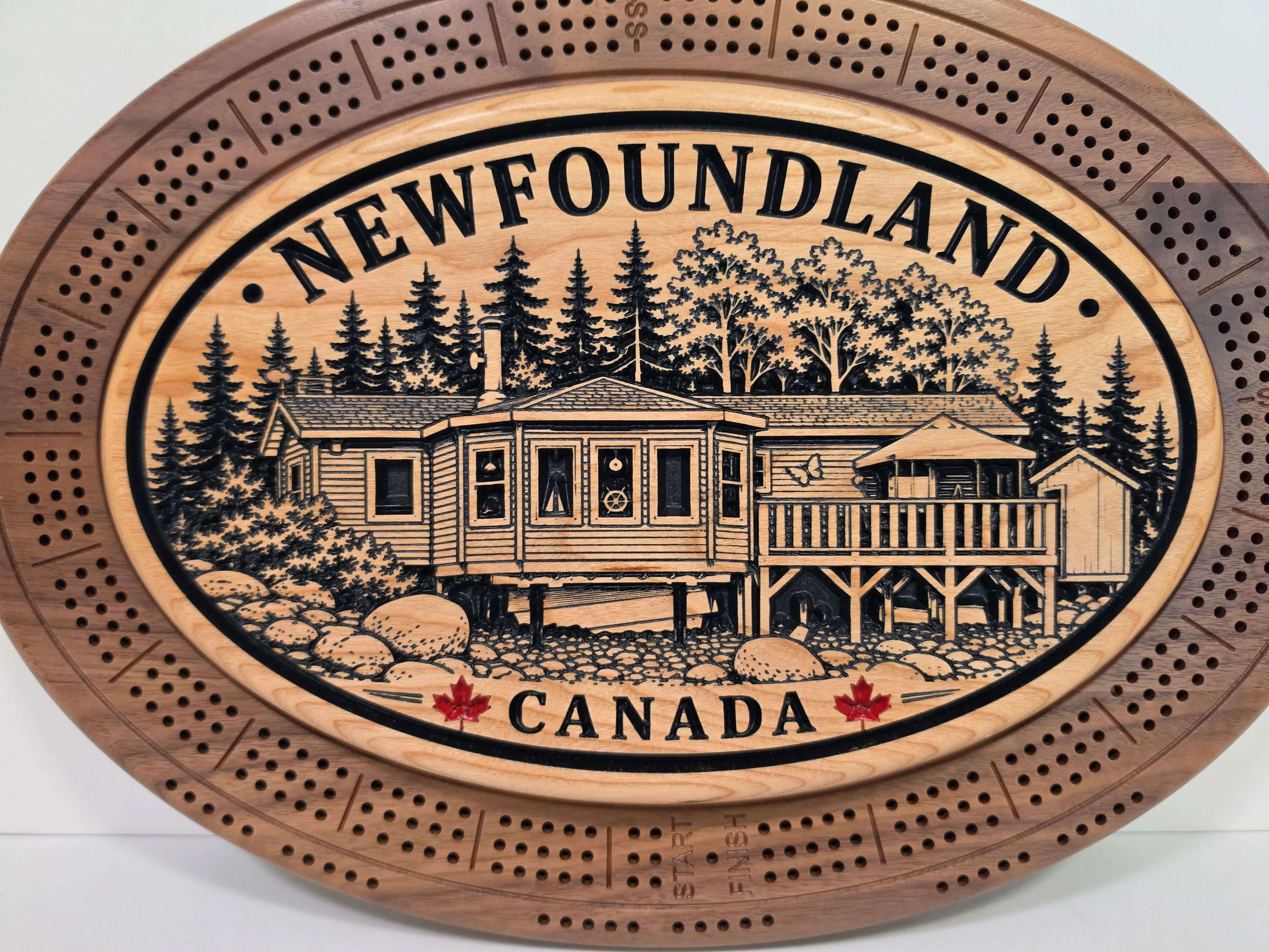 Newfoundland Canada engraved cribbage board